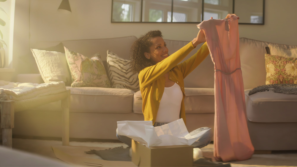 A girl is holding a pink dress.