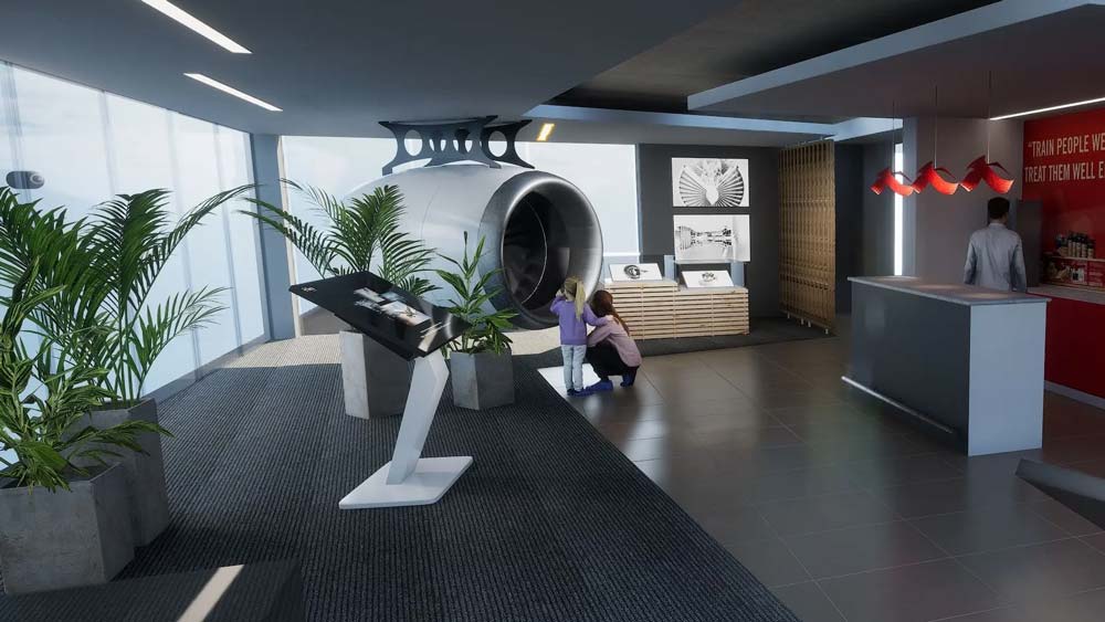 SiteSing developed the concept in full 3D, featuring LED walls, interactive touchscreens, a suspended jet engine, hologram display, and a CNC machine built into the wall